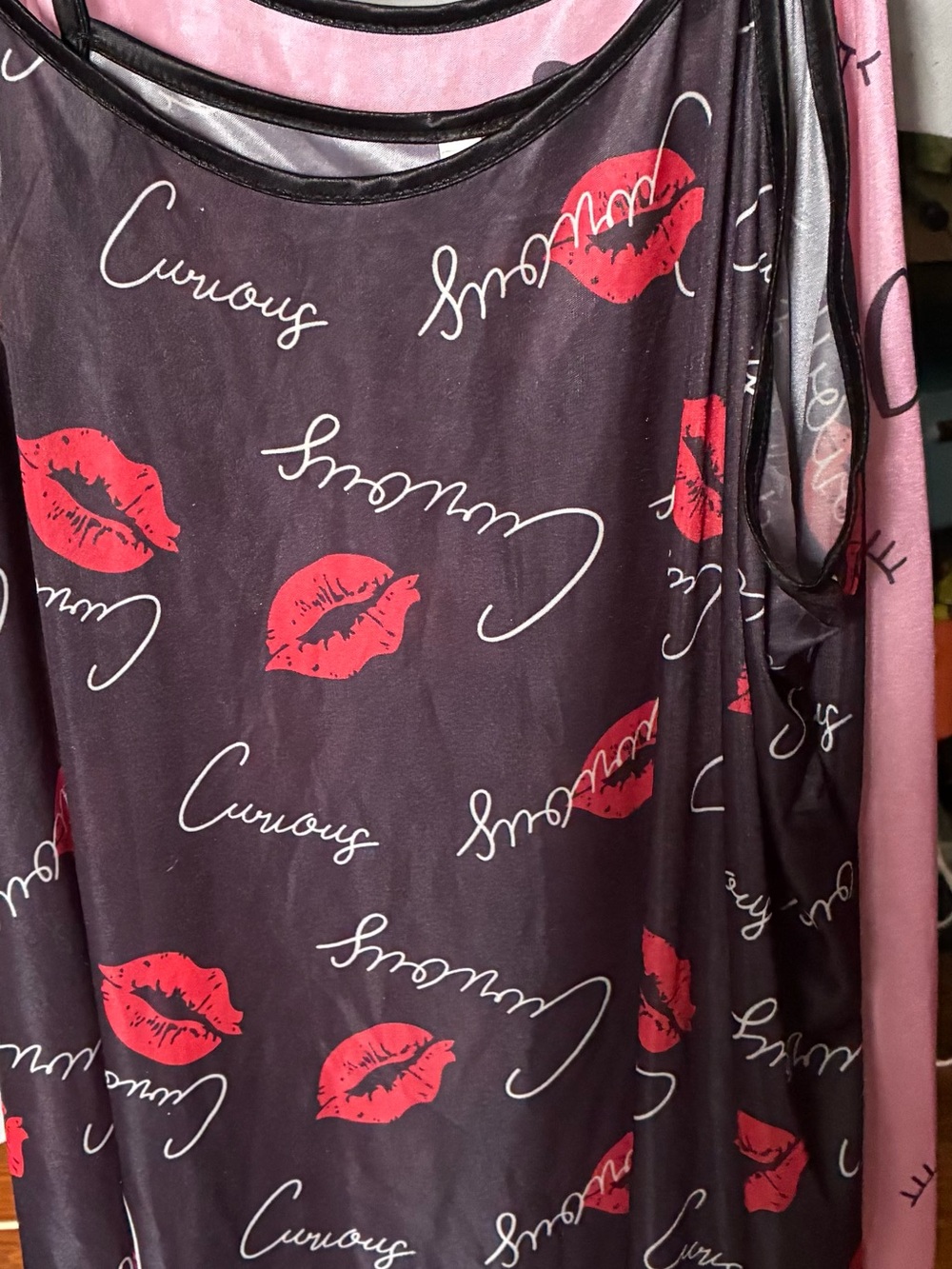 Women’s Black Slip Nightdress with Red Lip Print